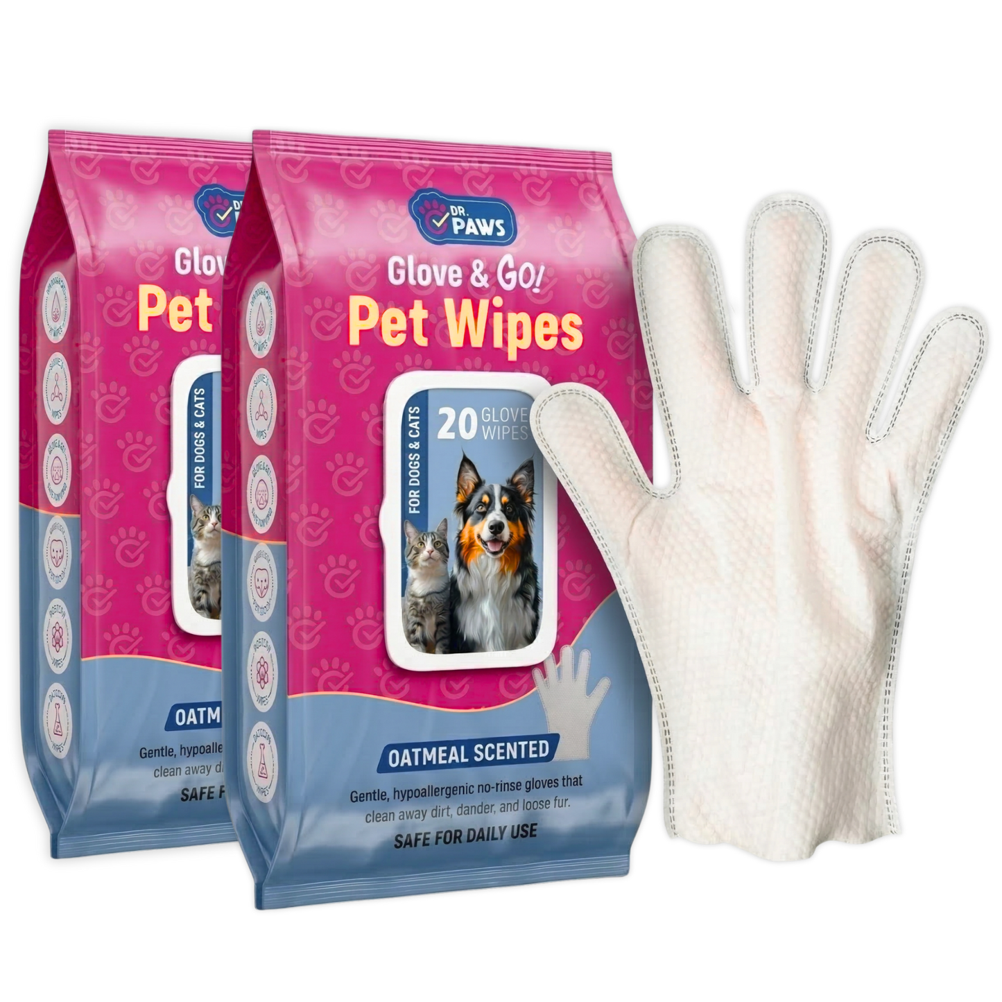 Two-pack of Dr. Paws Choice “Glove & Go!” grooming wipes