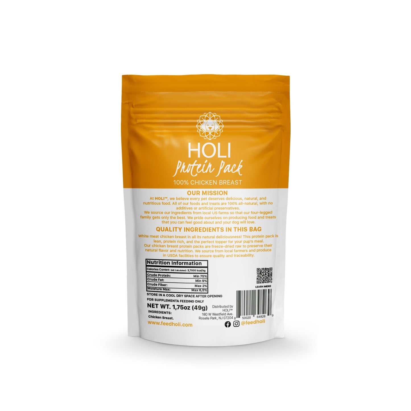 Back of HOLI Chicken Breast Dog Food Topper package