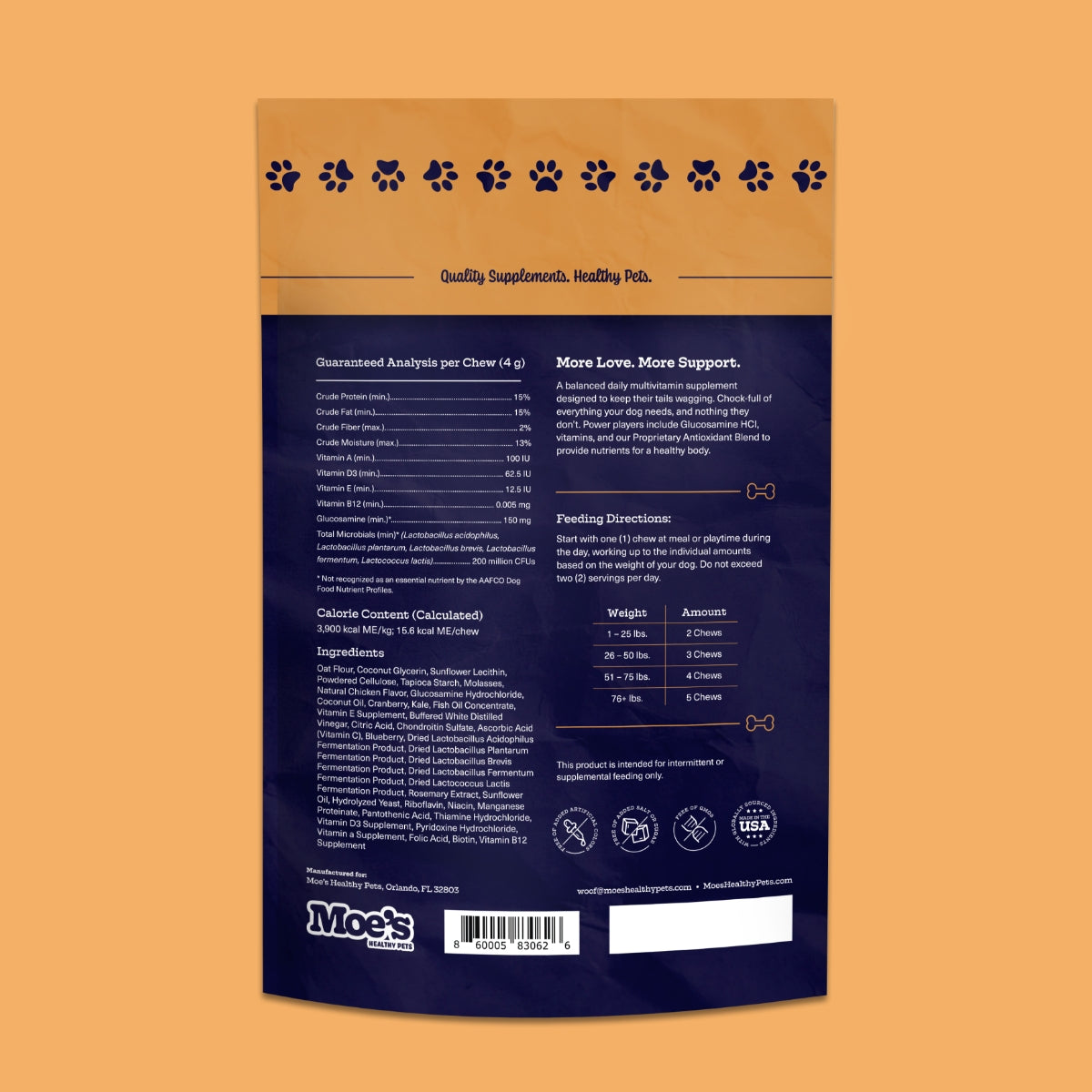 Parte trasera de un envase de suplemento para mascotas con texto de producto sobre fondo naranja