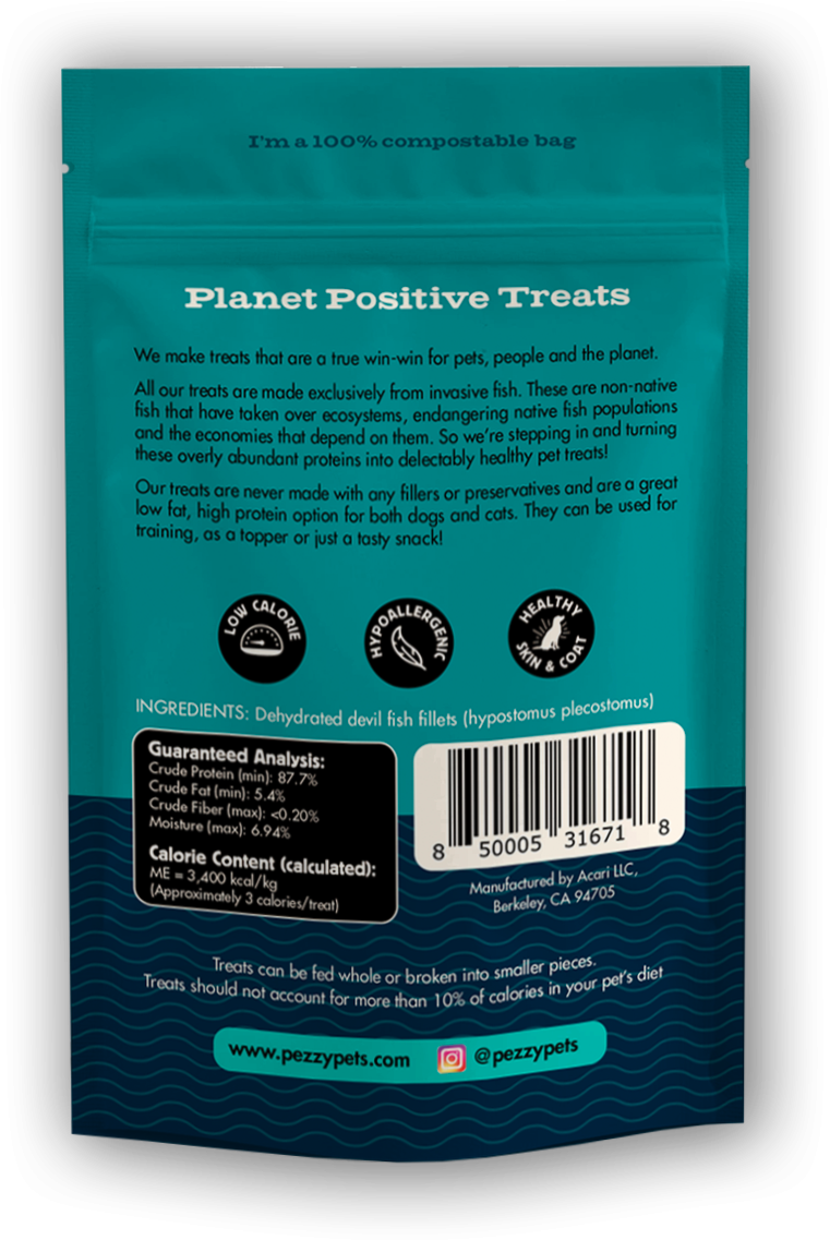 Back of Pezzy Pets Devil Fish Strips package with feeding and product information