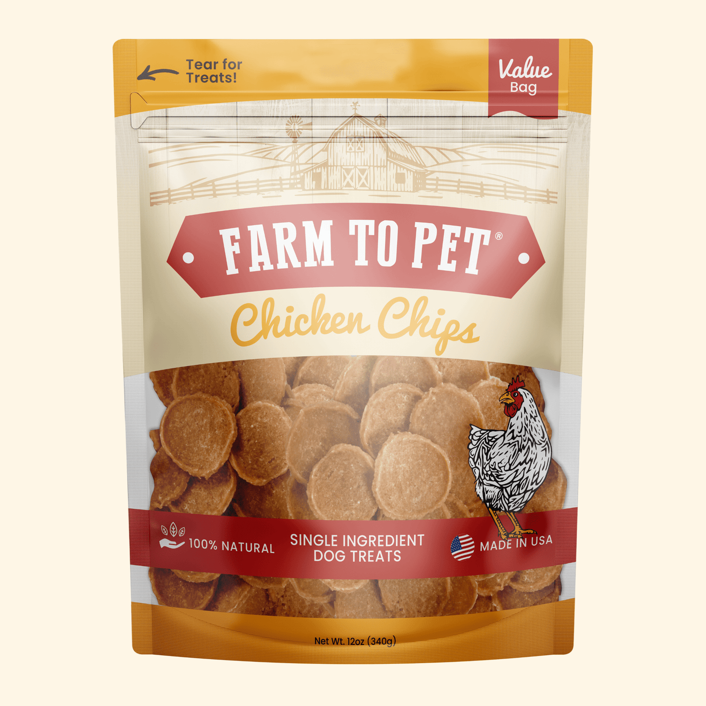 Package of Farm to Pet Chicken Chips dog treats on a white background