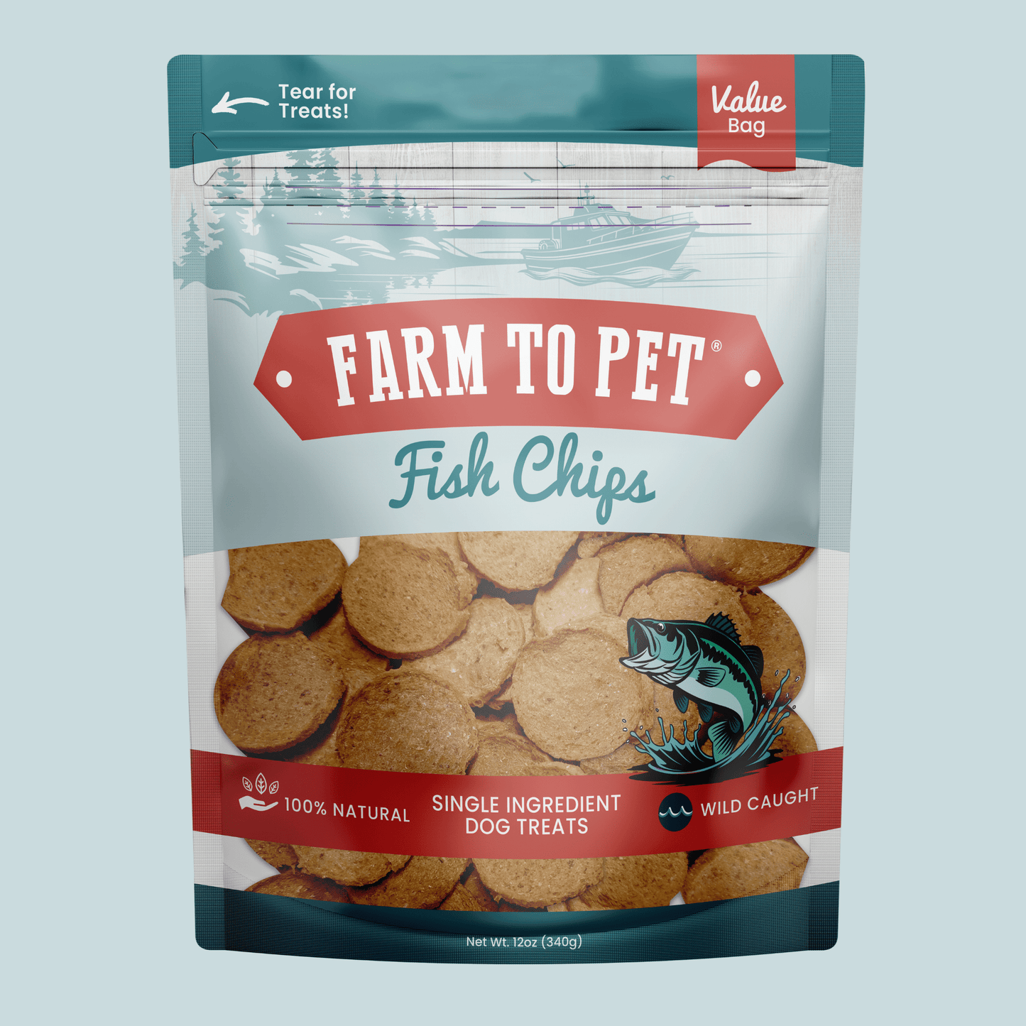 Package of Farm to Pet Fish Chips dog treats on a light blue background