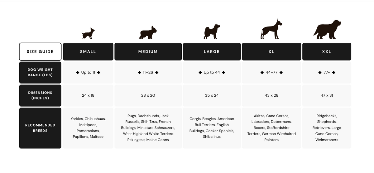 Dog size guide with weight, dimensions, and recommended breeds for small, medium, large, XL, and XXL sizes.