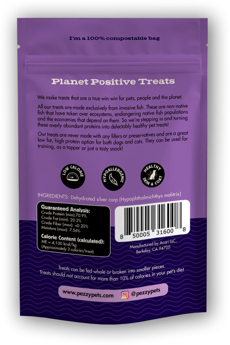 Back of Pezzy Pets Silver Carp Chips package with feeding and product information