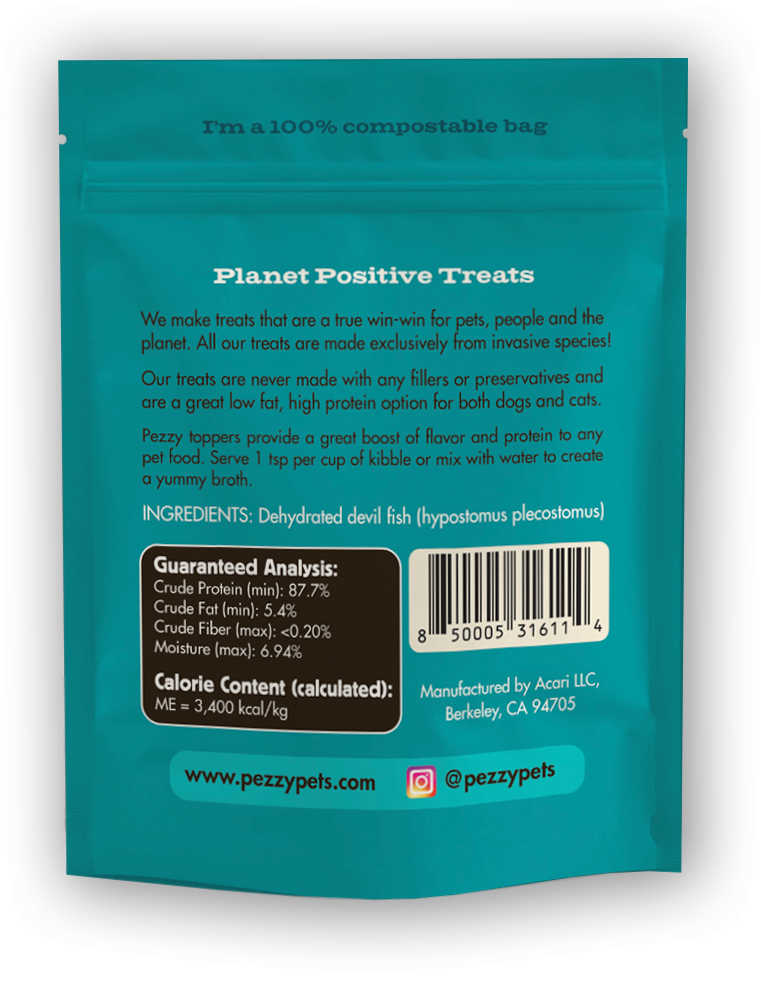 Parte trasera del envase de Pet Food Topper de Pezzy Pets con información de alimentación y del producto