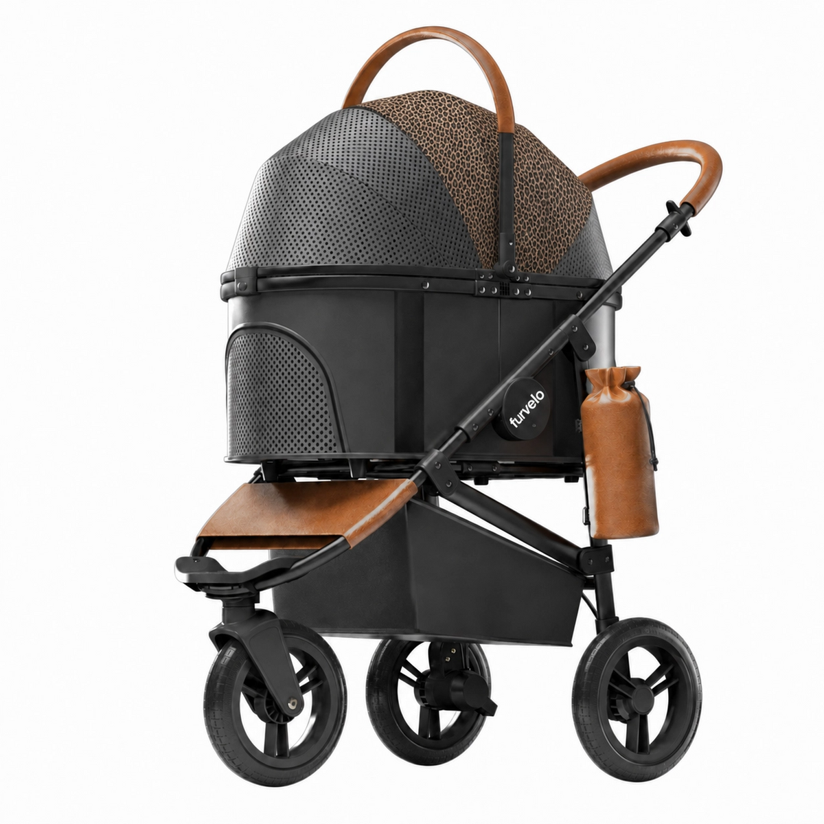 Leopard-print Furvelo Jogger pet stroller with the canopy closed