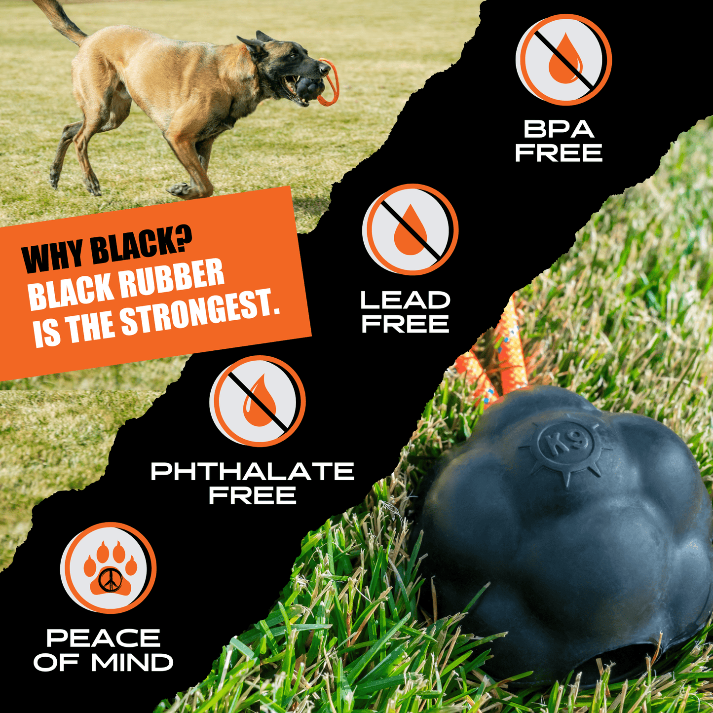 Dog playing with a black rubber toy on grass, with product safety features highlighted.