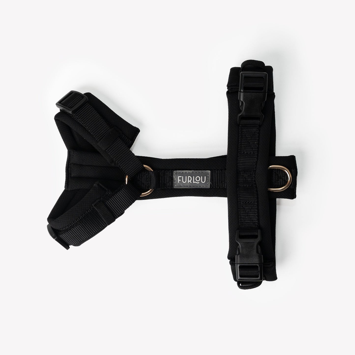 Black dog harness with 'Furlou' branding on a white background