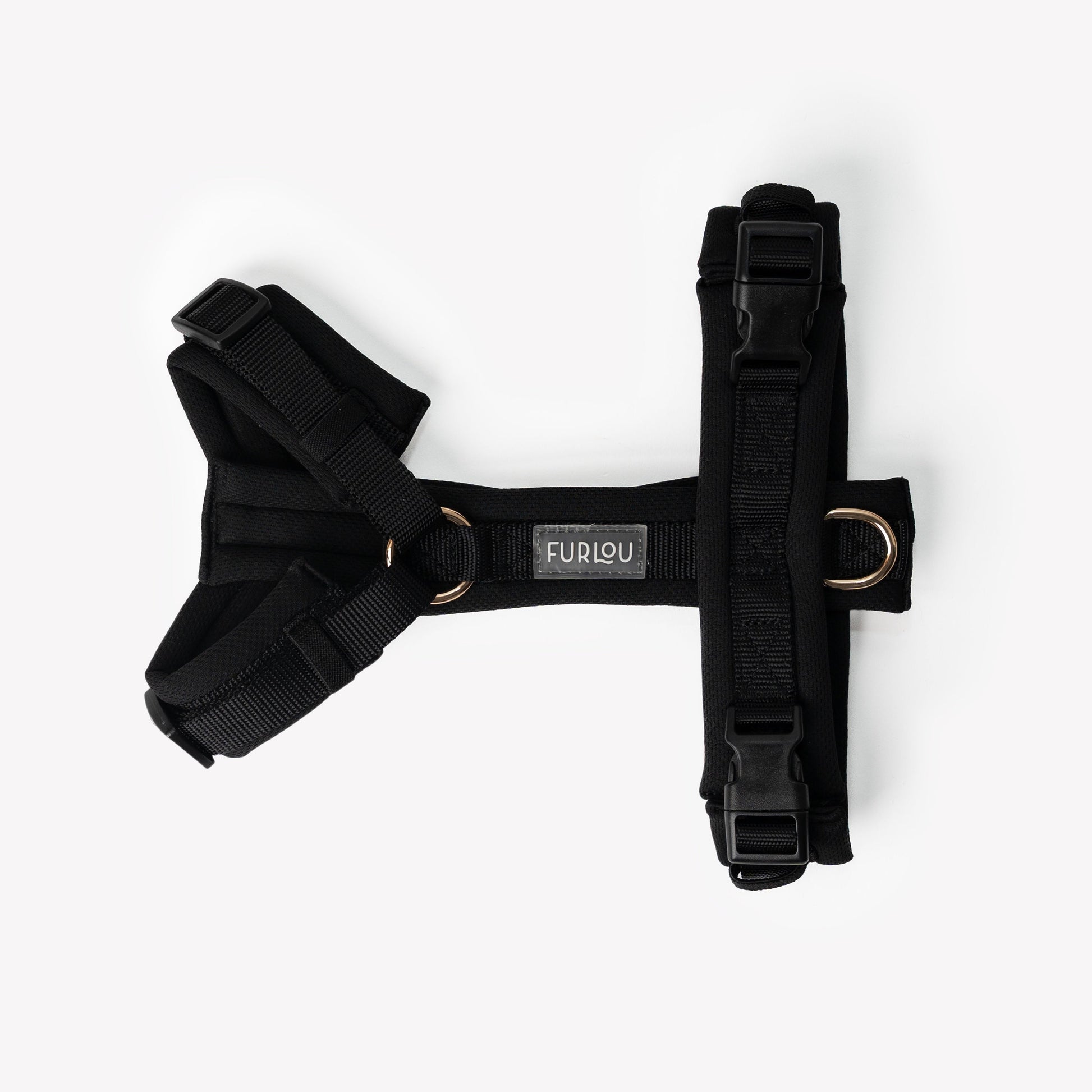 Black dog harness with 'Furlou' branding on a white background