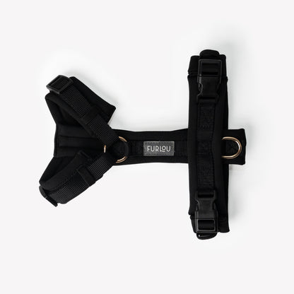 Black dog harness with 'Furlou' branding on a white background