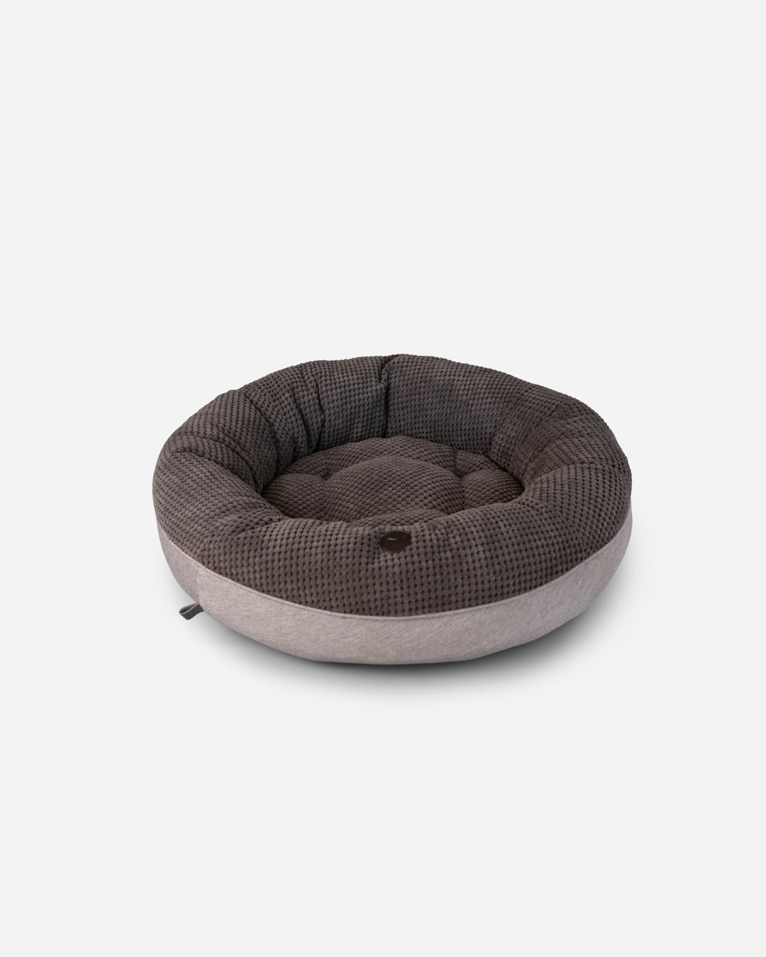 Round pet bed with a checkered pattern on a white background