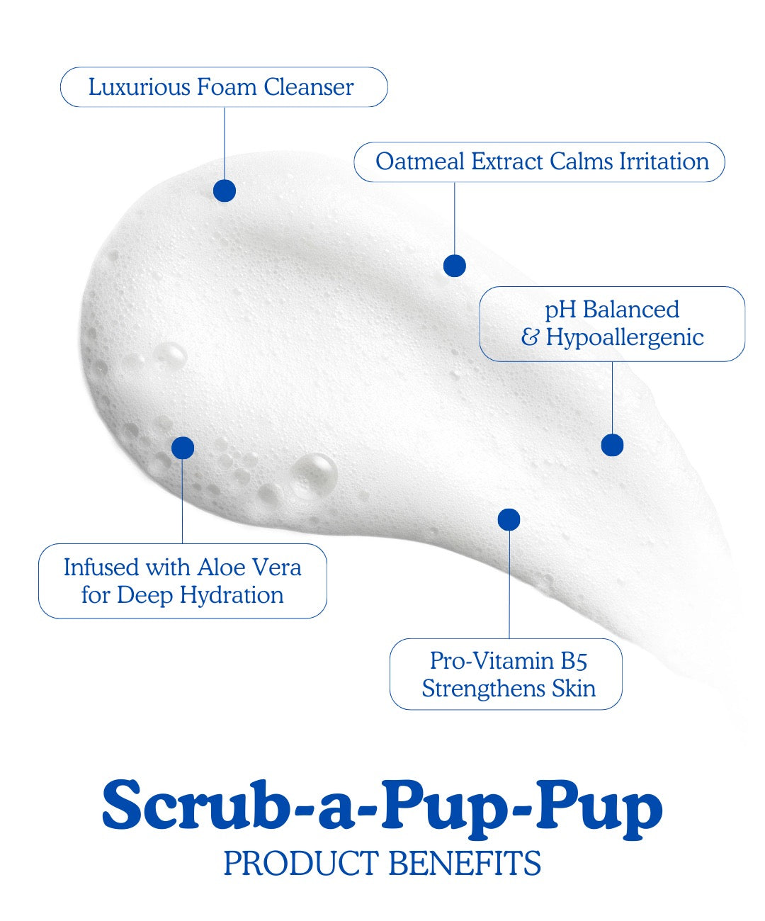 Foam cleanser with text highlighting product benefits on a white background, featuring the product 'Scrub-a-Pup-Pup'.