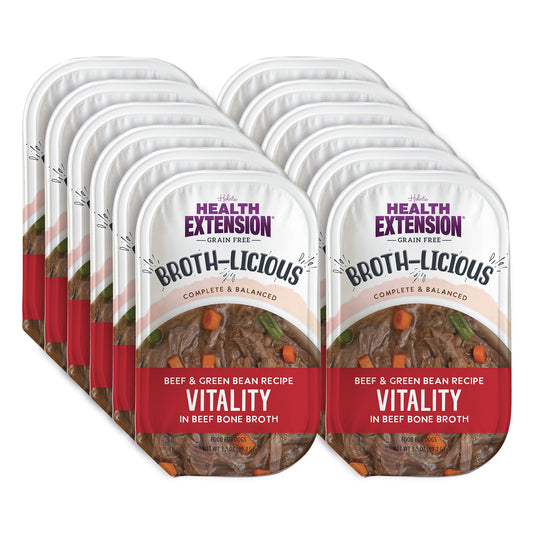 Vista del envase de Broth-Licious Beef & Green Bean - Receta Vitality para perros adultos