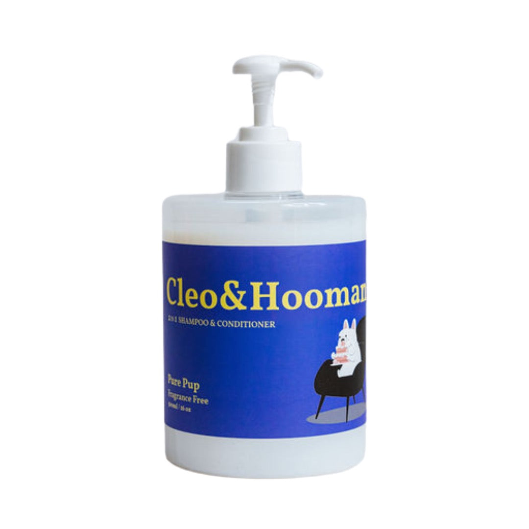 Bottle of Cleo & Hooman pet shampoo and conditioner on a white background