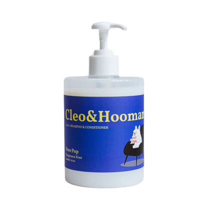Bottle of Cleo & Hooman pet shampoo and conditioner on a white background