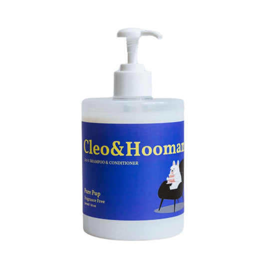 Bottle of Cleo & Hooman pet shampoo and conditioner on a white background