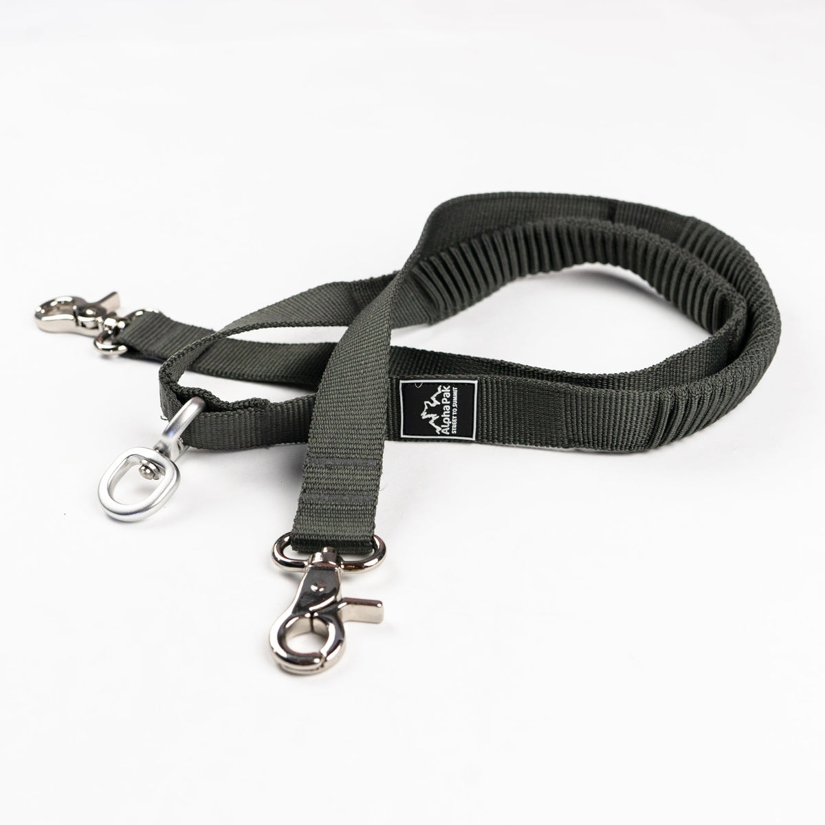 Alpha Pak Teton elastic two-dog leash coupler in dark gray