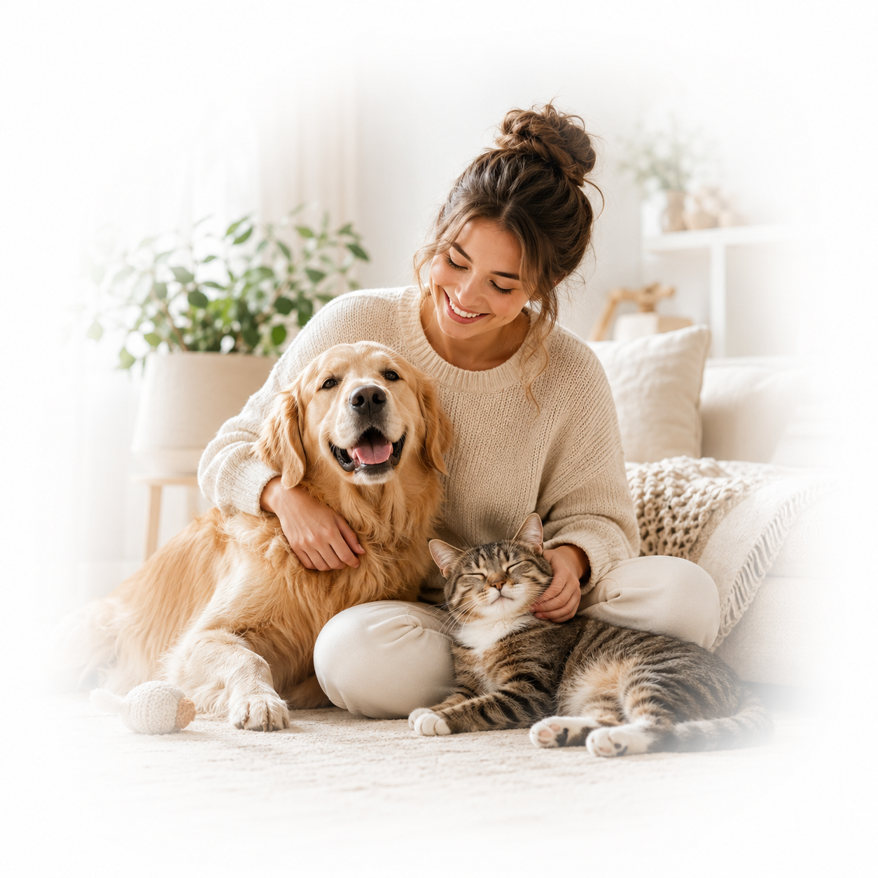 Woman sitting on a couch with a golden retriever and a cat, smiling.