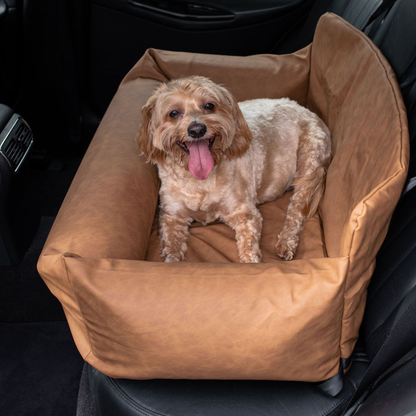 PupProtector™ Faux Cool-to-Touch Vegan Leather Memory Foam Dog Car Bed - Camel