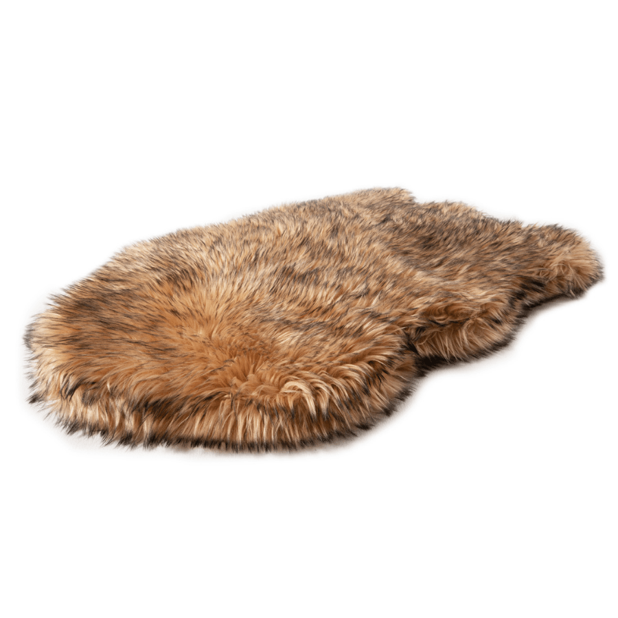 PupRug Curve Sable Tan bed shown with dog