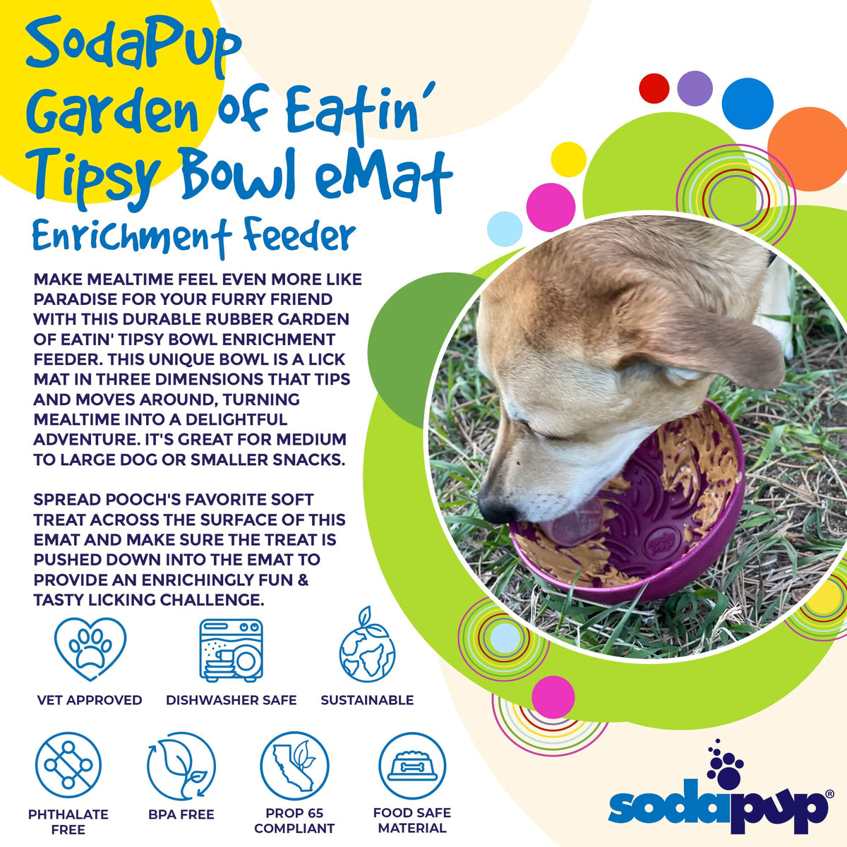 Garden of Eatin' Tipsy Bowl product overview with a dog eating from the purple bowl.