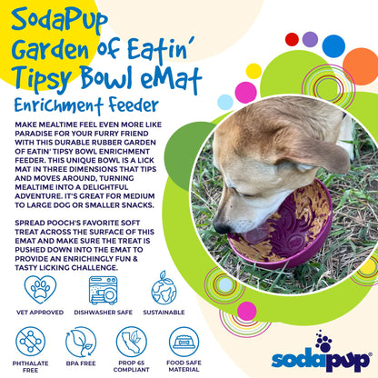 Garden of Eatin' Tipsy Bowl product overview with a dog eating from the purple bowl.