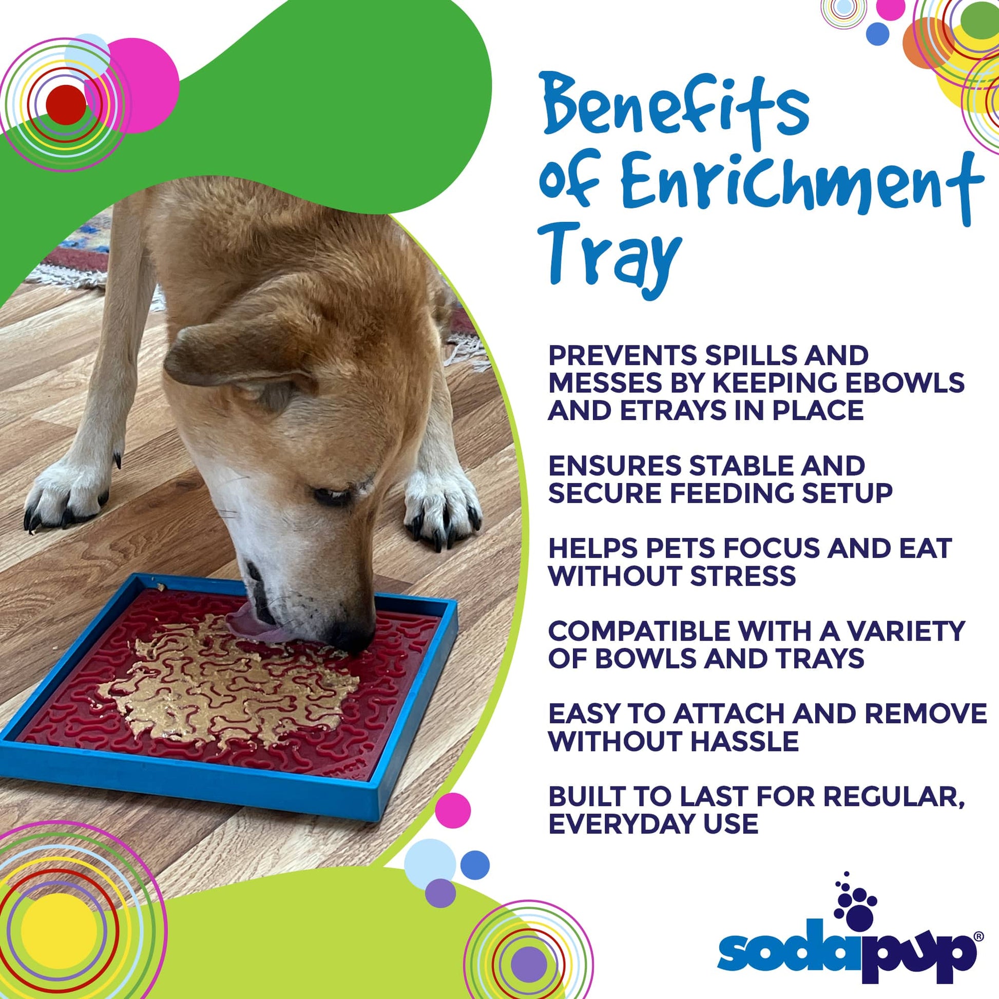 Dog using an enrichment tray with text listing benefits on a colorful background