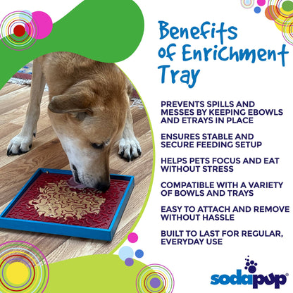 Dog using an enrichment tray with text listing benefits on a colorful background