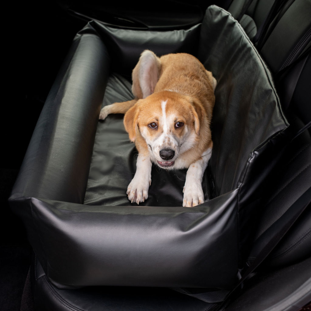 PupProtector™ Faux Cool-to-Touch Vegan Leather Memory Foam Dog Car Bed – Black