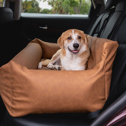 PupProtector cool-to-touch vegan leather memory foam dog car bed in camel