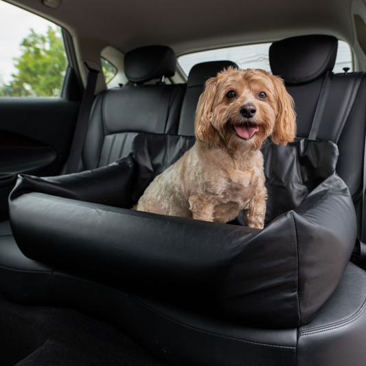 PupProtector cool-to-touch vegan leather memory foam dog car bed in black