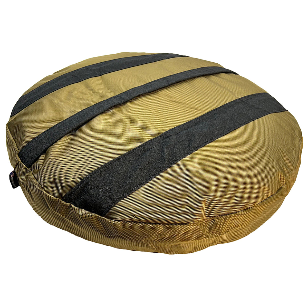 Black reinforcement straps on the olive Round Armor Dog Bed