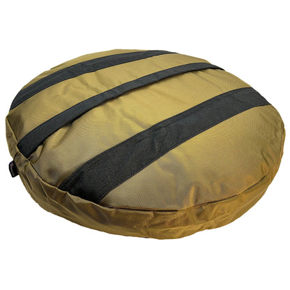 Black reinforcement straps on the olive Round Armor Dog Bed
