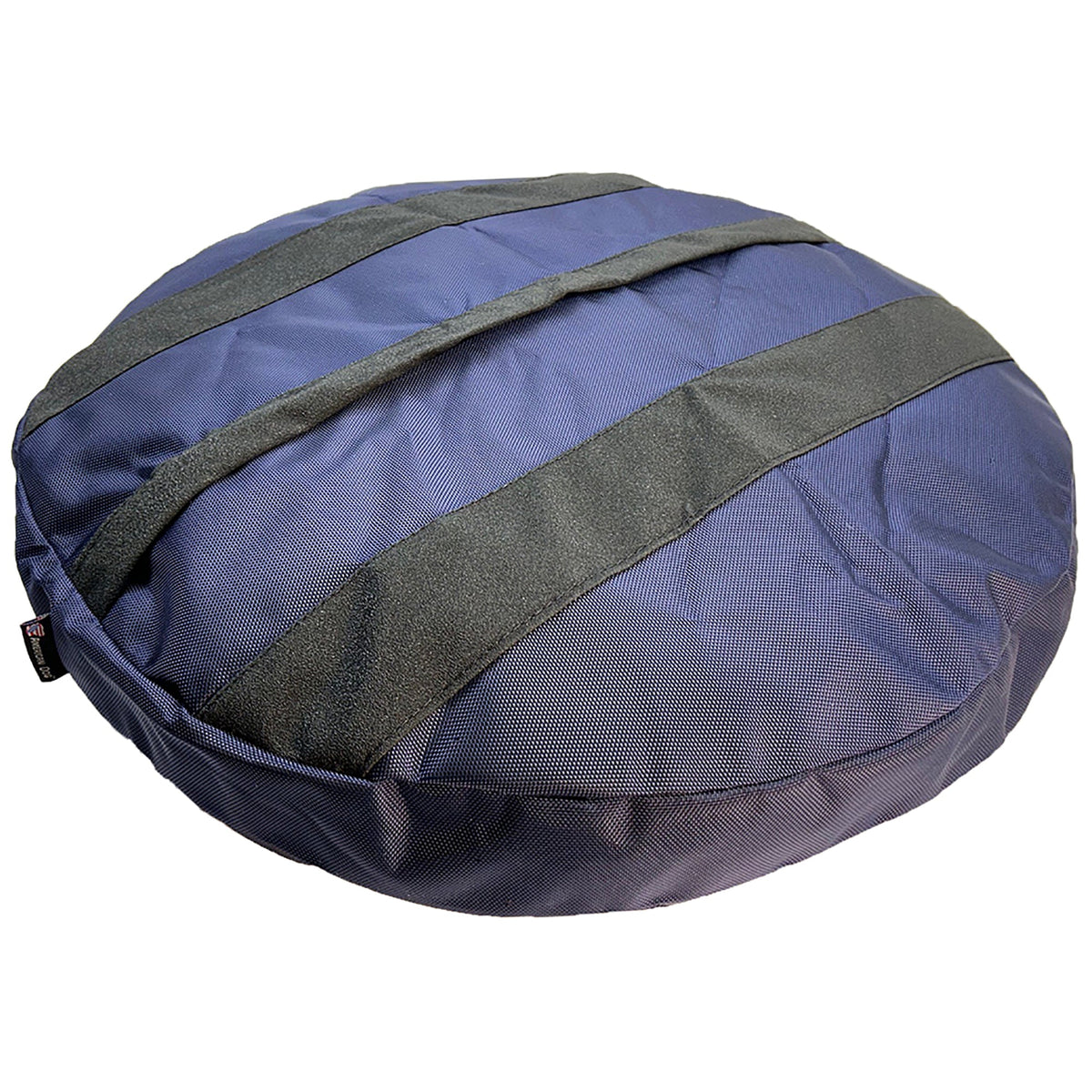 Black reinforcement straps on the navy Round Armor Dog Bed