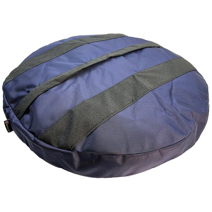 Black reinforcement straps on the navy Round Armor Dog Bed