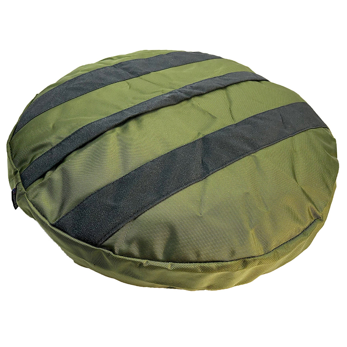 Black reinforcement straps on the olive Round Armor Dog Bed