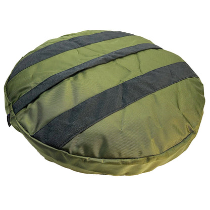 Black reinforcement straps on the olive Round Armor Dog Bed