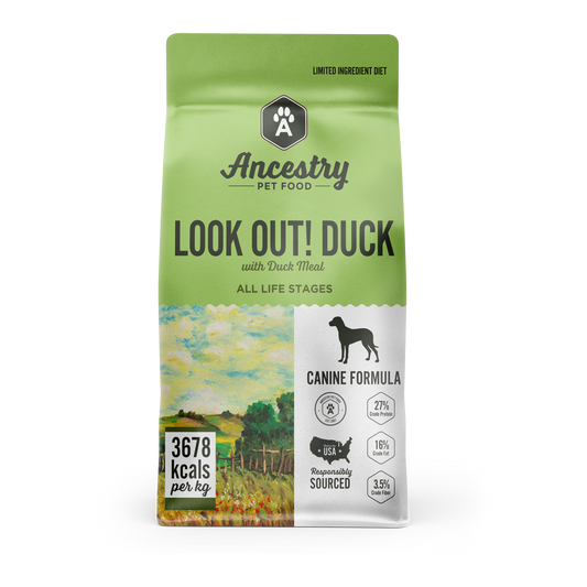 Frente de Look Out! alimento sin cereales de pato para perros de Health Extension bag