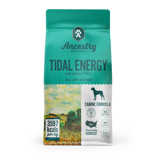 Frente del envase del alimento para perros Tidal Energy con harina de salmón de Health Extension