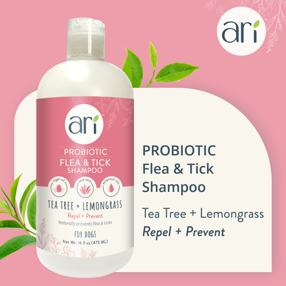 Health Extension ARI Probiotic Flea & Tick Shampoo information graphic