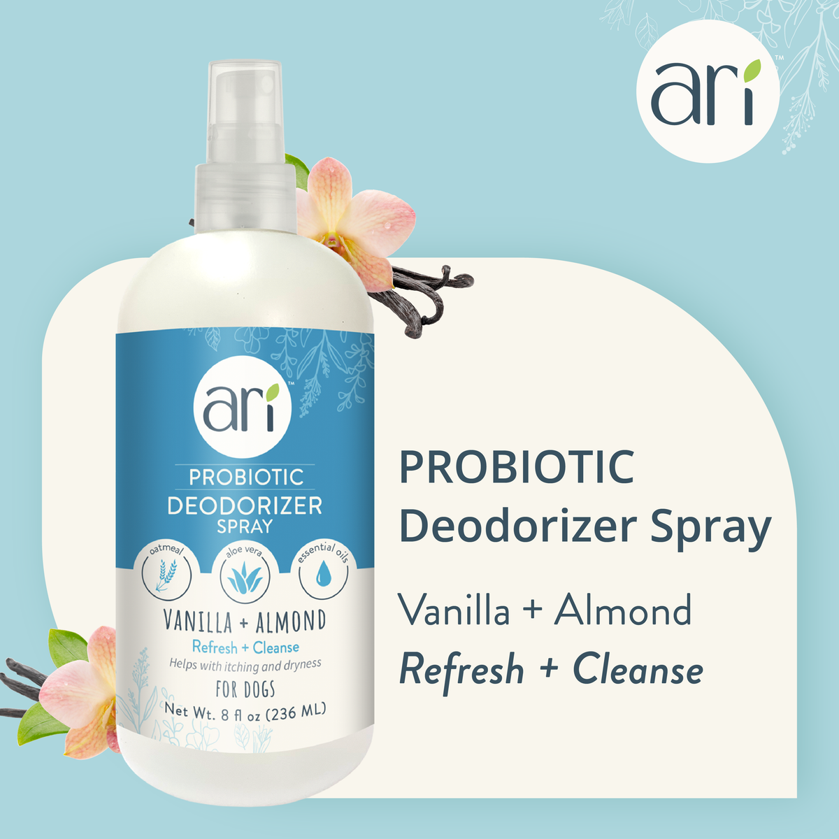 Health Extension ARI Probiotic Deodorizer Spray - Vanilla & Almond information graphic