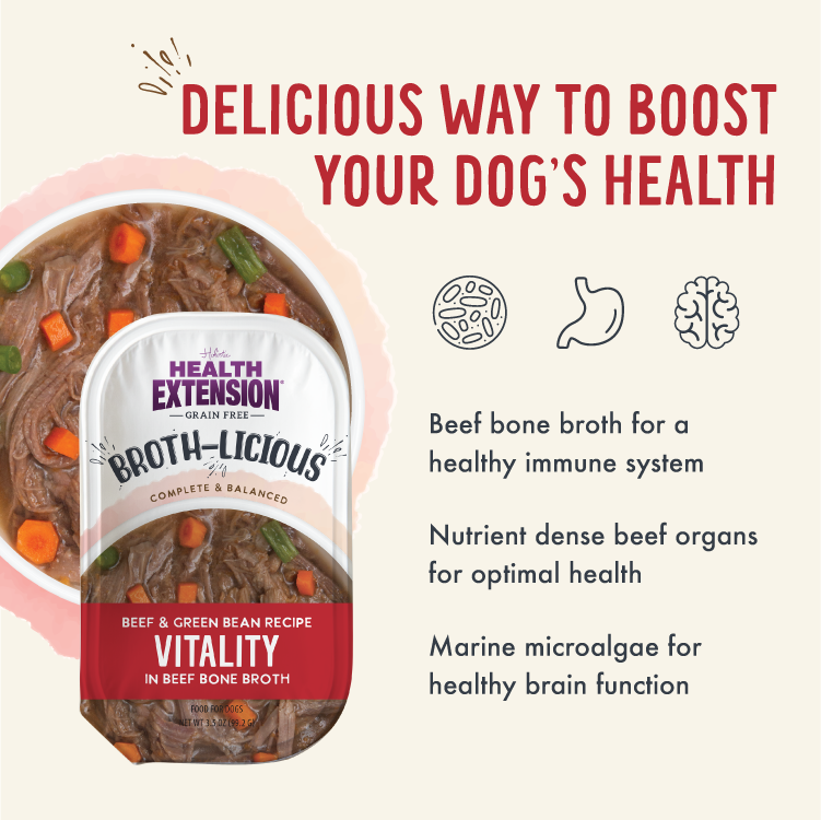 Gráfico informativo de Broth-Licious Beef & Green Bean - Receta Vitality para perros adultos, vista 1