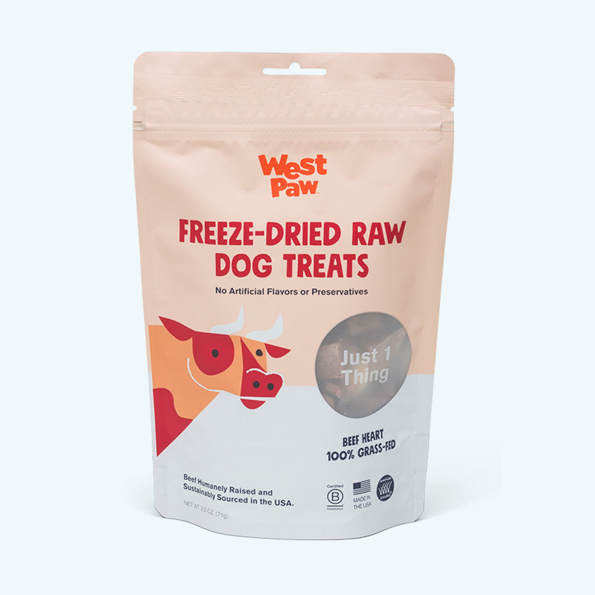 Front of the West Paw Freeze-Dried Raw Beef Heart Dog Treats 2.5 oz package.