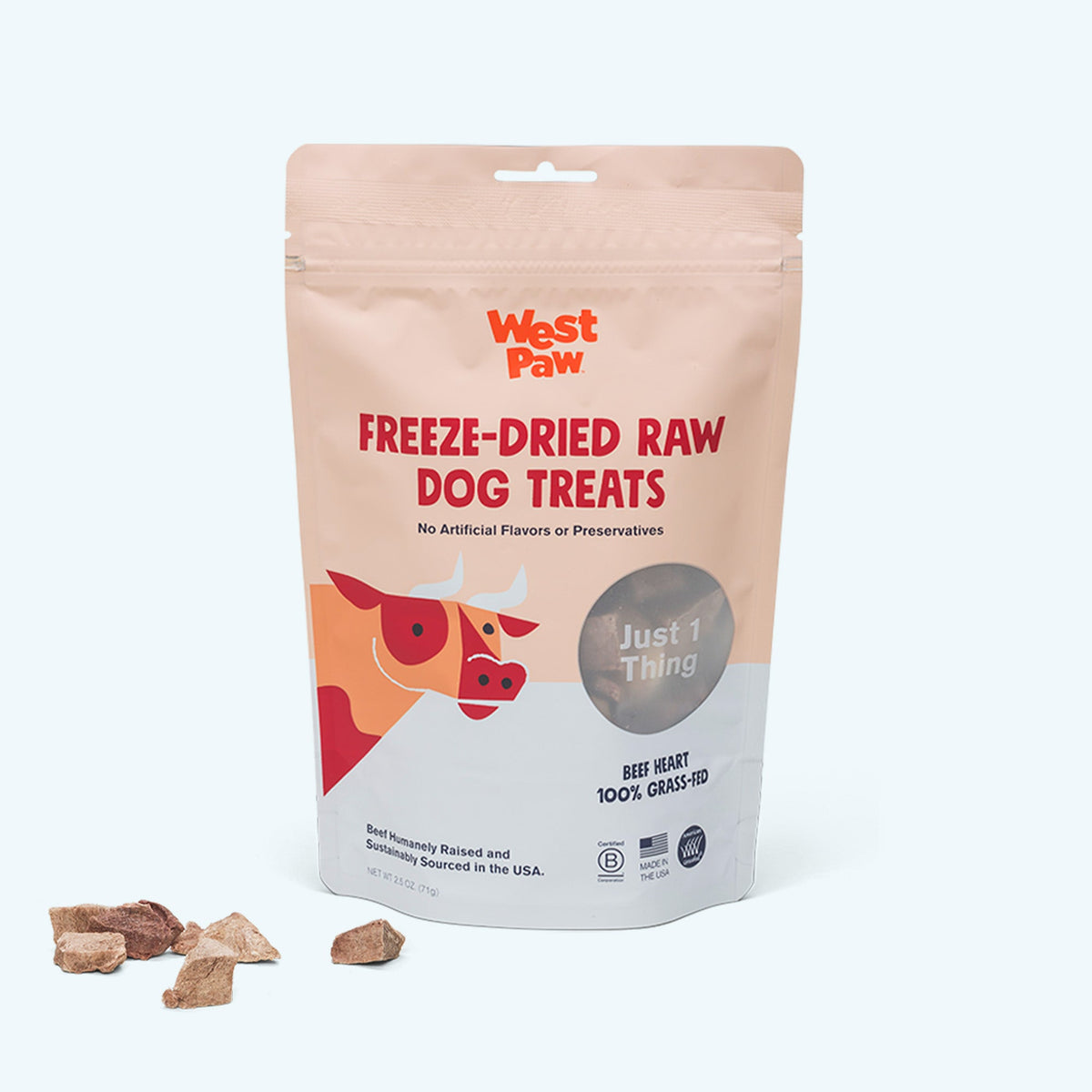 West Paw Beef Heart treat package with freeze-dried pieces displayed beside it.
