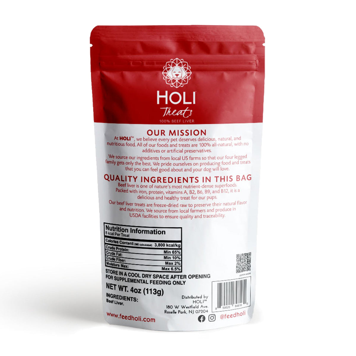 Back of HOLI Freeze-Dried Beef Liver Dog Treats package