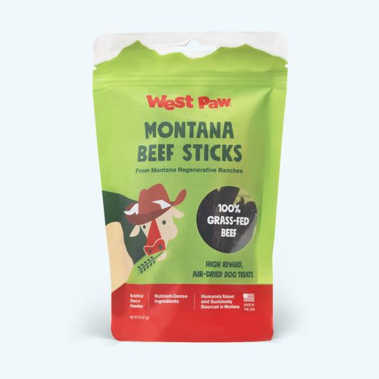Front of the West Paw Air-Dried Beef Sticks dog treat package