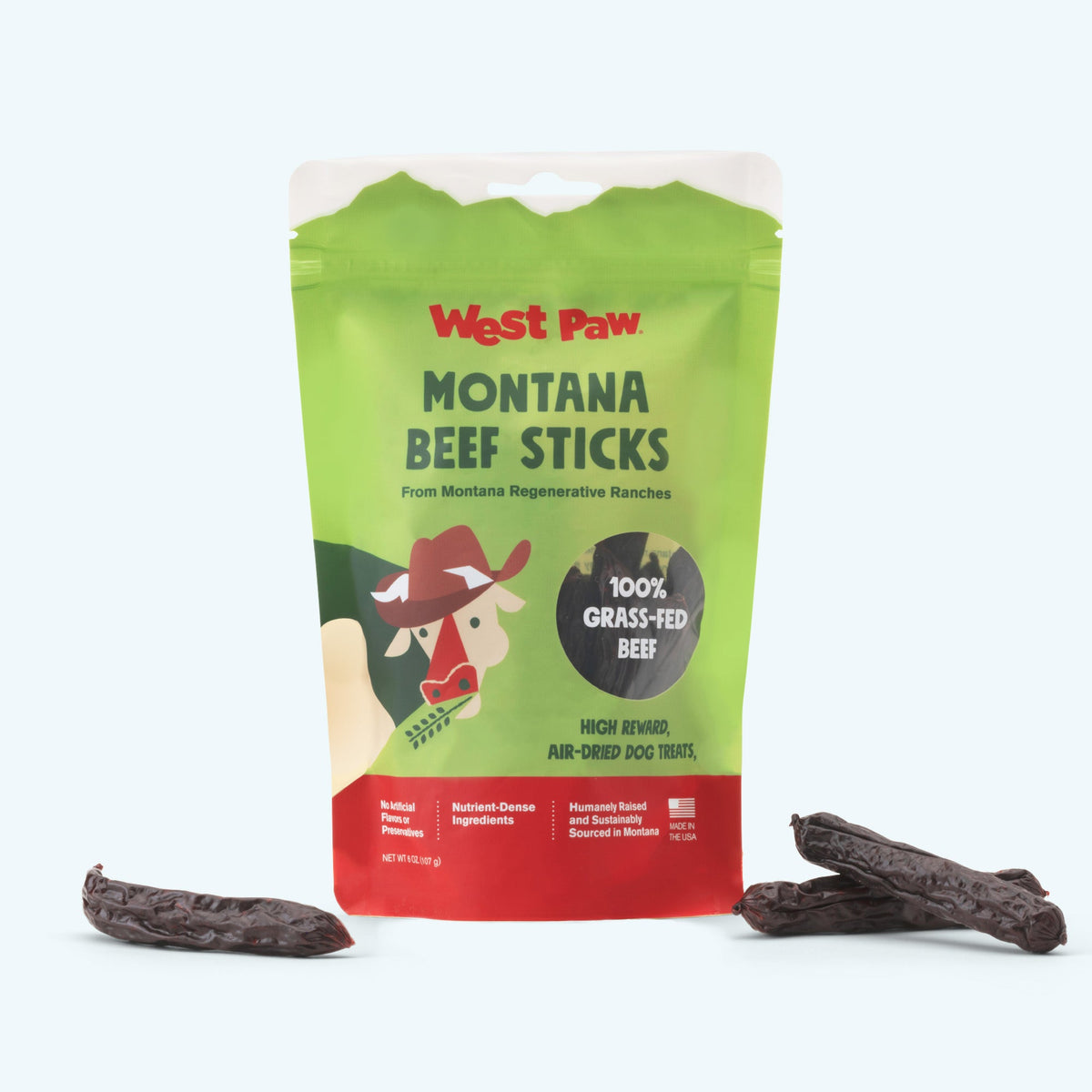 West Paw Air-Dried Beef Sticks package and treat detail