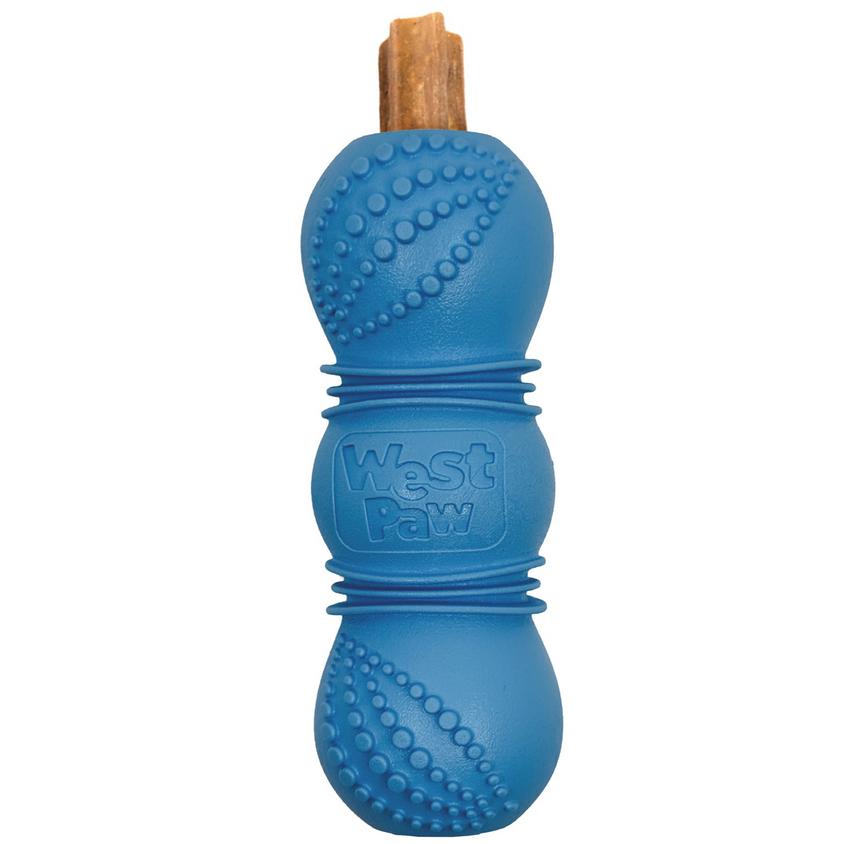 West Paw Flossr dog chew toy in aqua blue, shown with a dental stick