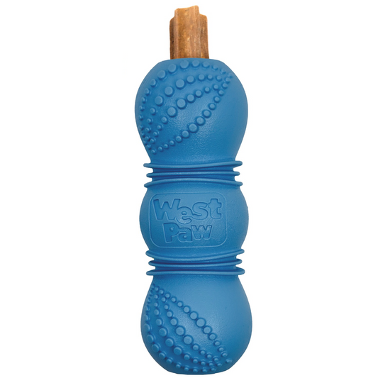West Paw Flossr dog chew toy in aqua blue, shown with a dental stick