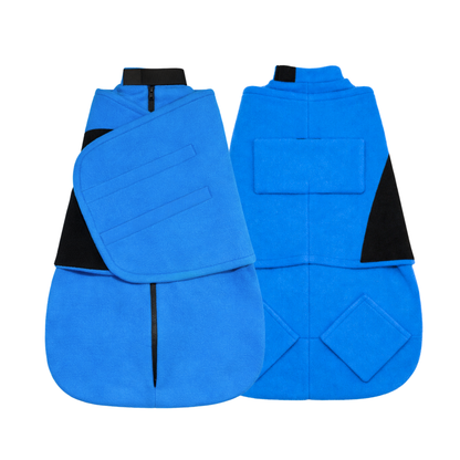 Vistas frontal y posterior del Home Cat Wrap azul